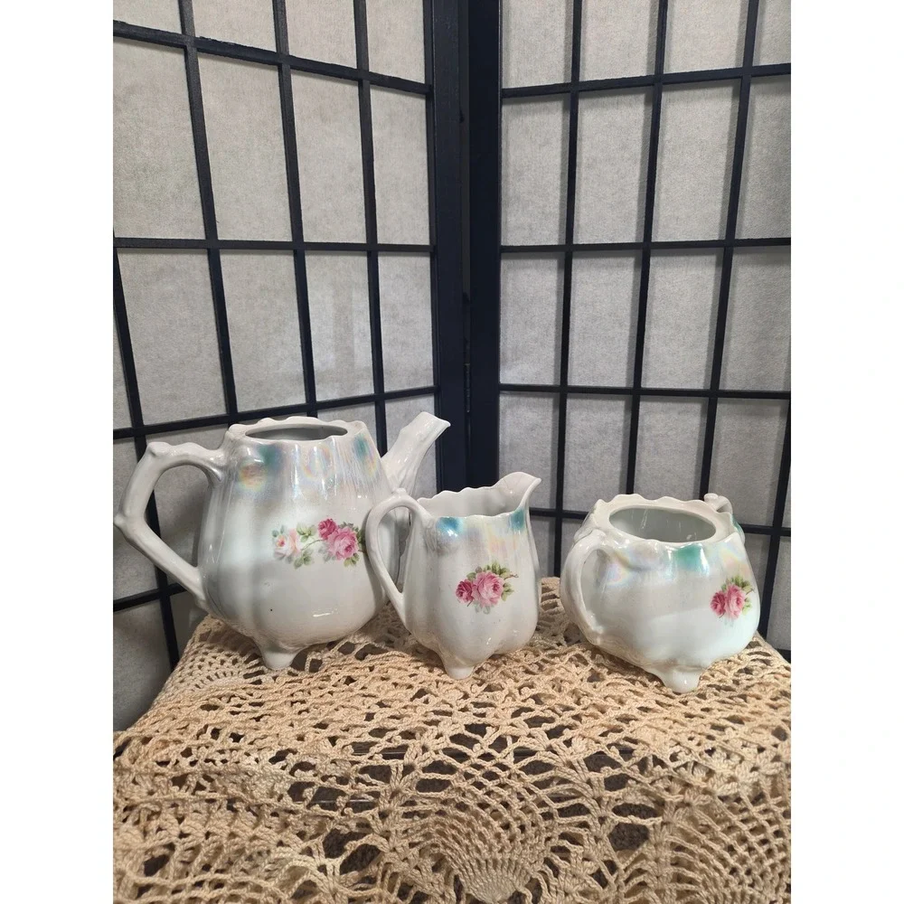 Vintage Iridescent Lusterware Tea Set Pink Rose Porcelain Teapot Creamer Sugar